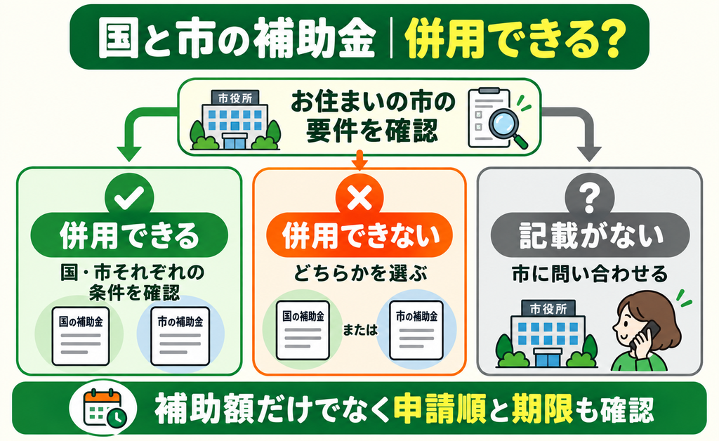国と市の補助金の併用可否を市の要件に沿って判断する流れ