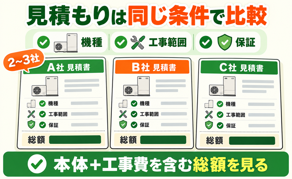 2〜3社の見積もりを同じ機種・工事範囲・保証と総額で比較