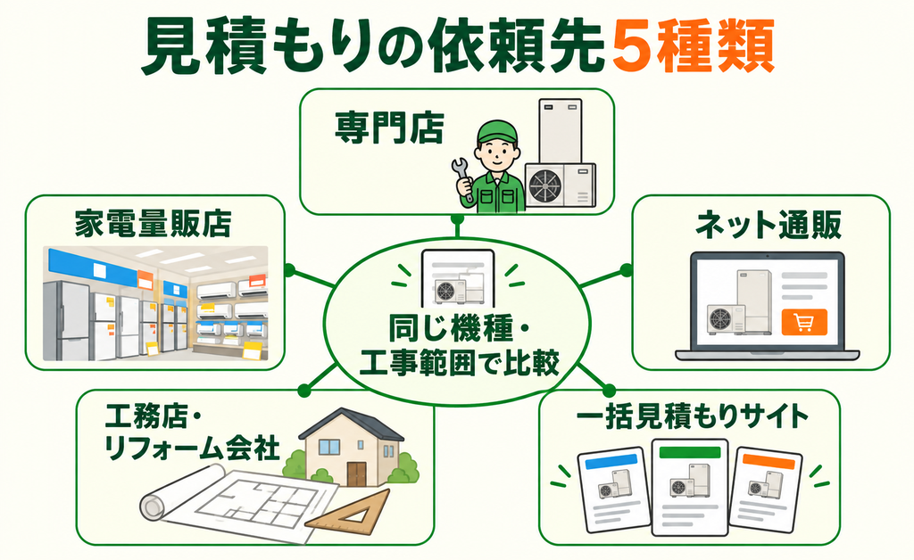 専門店・家電量販店・ネット通販・工務店/リフォーム会社・一括見積もりサイトの5種類