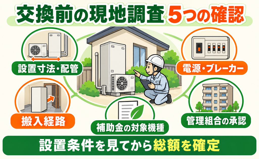 設置寸法・電源・搬入・管理組合・補助対象機種の現地確認
