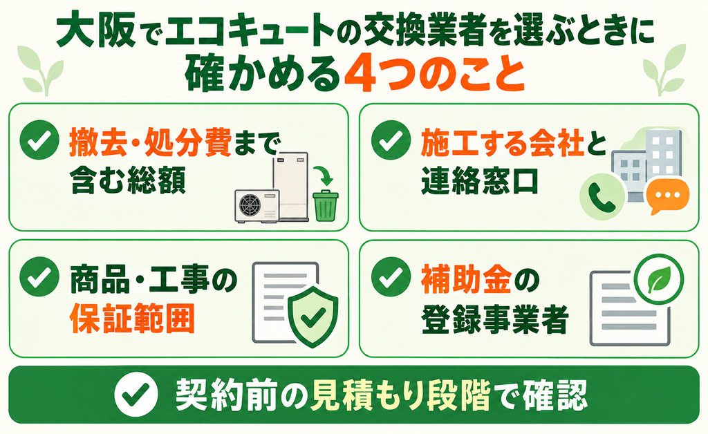 撤去処分費・施工窓口・保証範囲・登録事業者の4点を確認