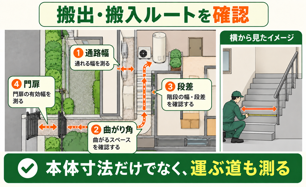 エコキュートの搬出・搬入時に測る通路幅や段差