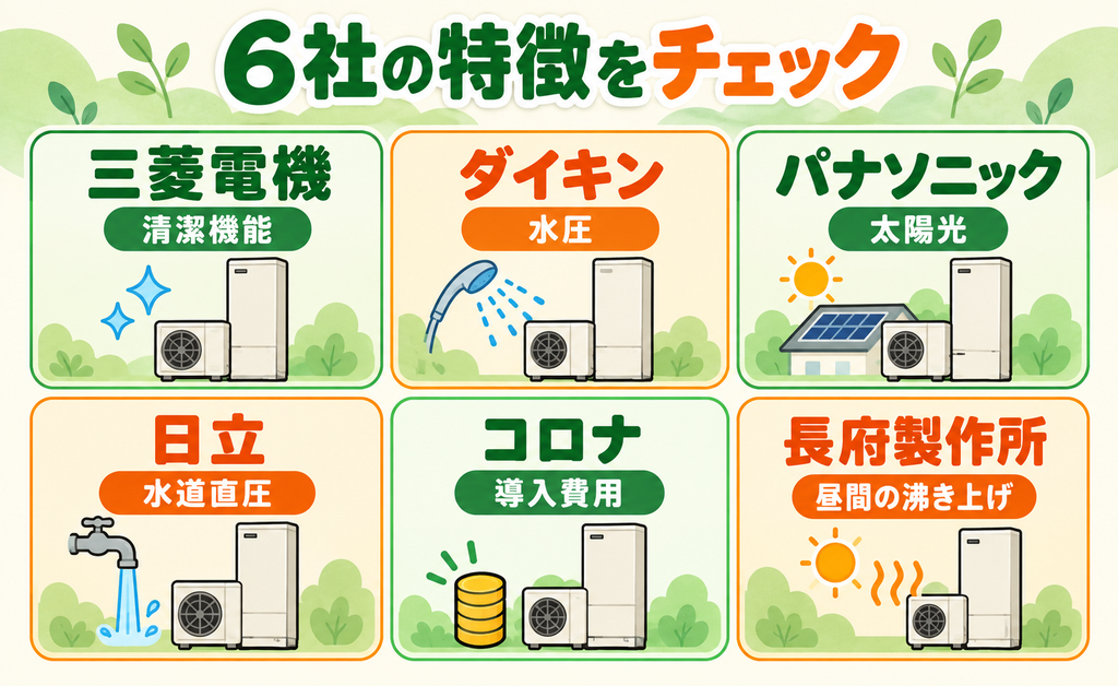 三菱電機・ダイキン・パナソニック・日立・コロナ・長府製作所の特徴