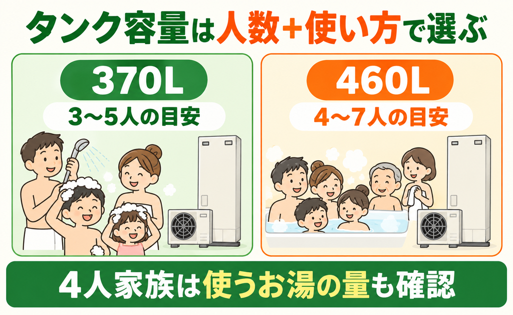家族の人数に応じた370L・460Lタンク容量の目安