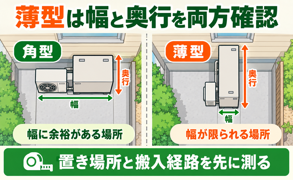 角型と薄型の幅・奥行の違いと搬入経路の確認