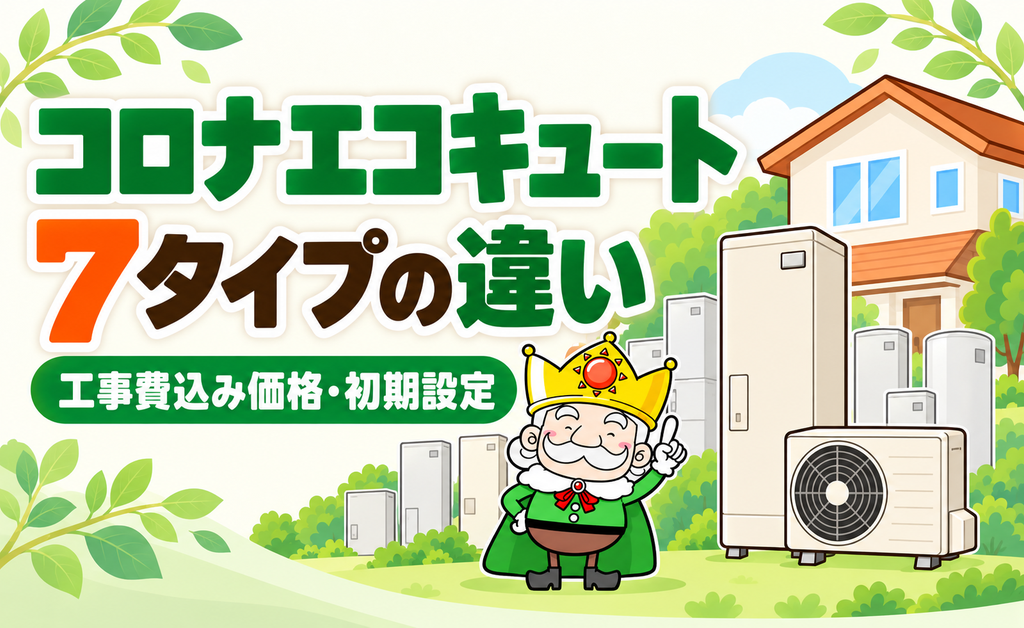 コロナエコキュート7タイプの違いと工事費込み価格、初期設定を紹介するイラスト