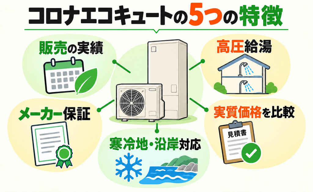 販売実績・高圧給湯・保証・地域対応・実質価格の5観点を示した図