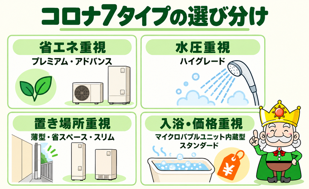 省エネ・水圧・置き場所・入浴や価格を重視する選び方を示した図