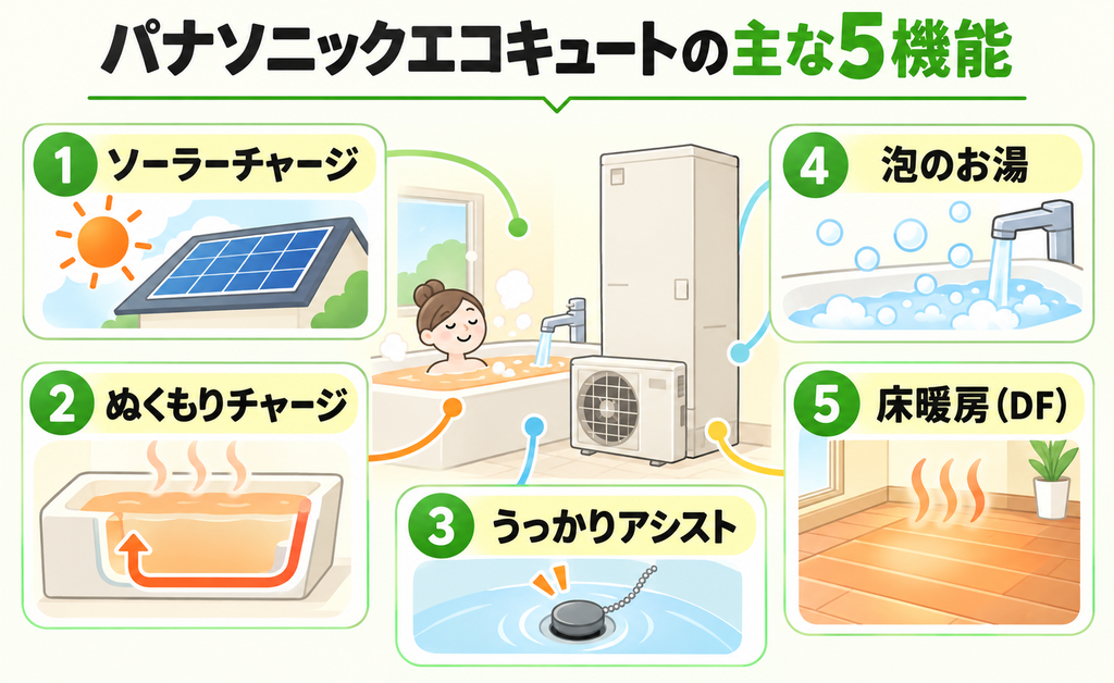 パナソニックエコキュートの5つの主な機能を示した図