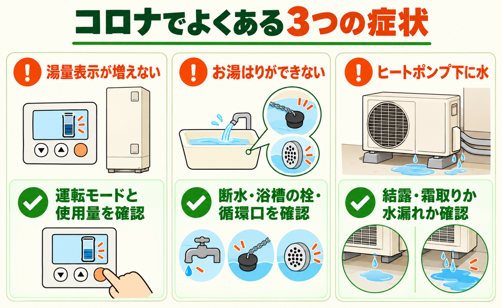 湯量表示、お湯はり、ヒートポンプ下の水の確認点を示した図