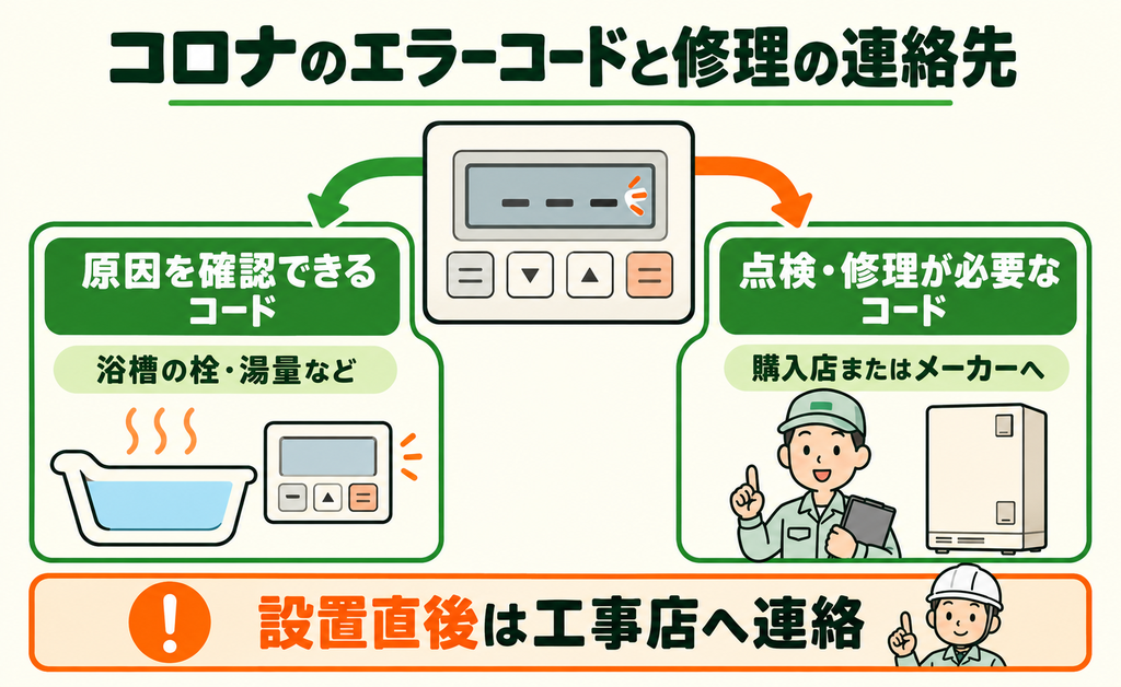 原因確認と修理相談、設置直後の連絡先を示した図